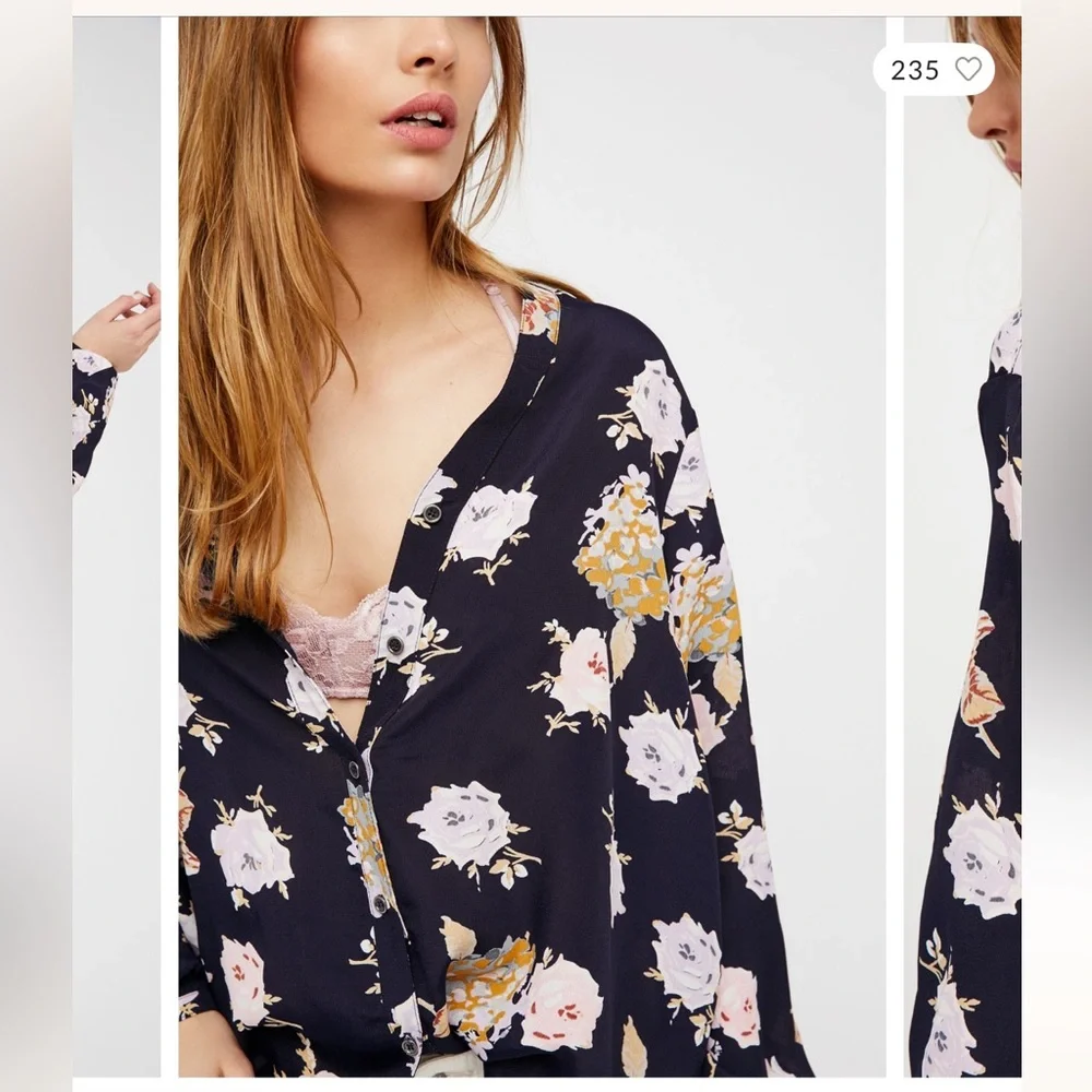 Free People Julia Floral Oversized High Low Blouse Navy Size XS NWOT